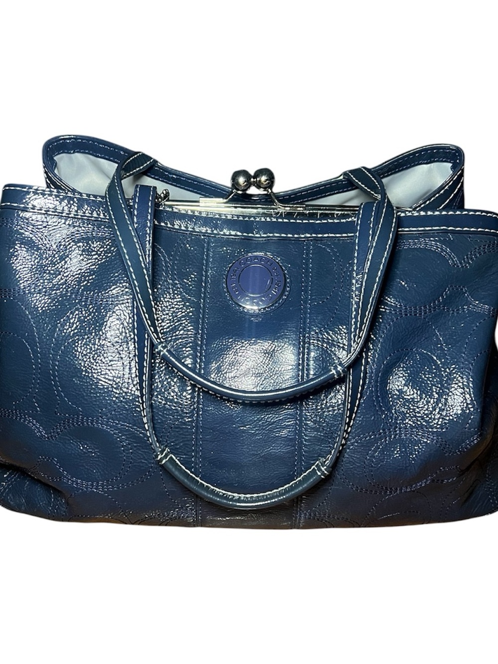 Coach - Signature stitched patent leather kiss lock shoulder bag, Navy Blue - Picture 2 of 6